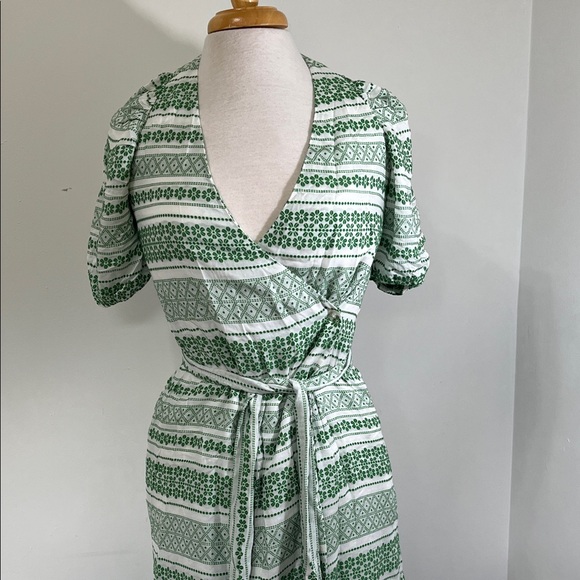 Ann Taylor Retro 50’s look Button Wrap Green Floral Stripe  Dress 00 - Picture 2 of 16